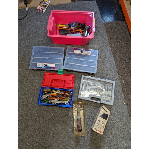 144 - Box of tools and storage boxes inc. hammer, plane, spanners, screwdrivers, drill bit set etc.