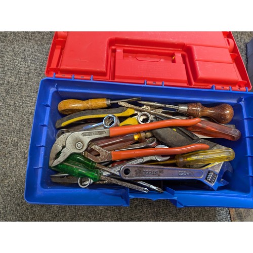 144 - Box of tools and storage boxes inc. hammer, plane, spanners, screwdrivers, drill bit set etc.