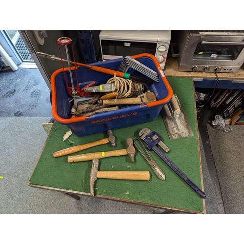 146 - Box of tools inc. hammers, trowel, Record 18 monkey wrench, wall brackets etc. 