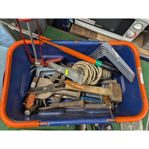 146 - Box of tools inc. hammers, trowel, Record 18 monkey wrench, wall brackets etc. 