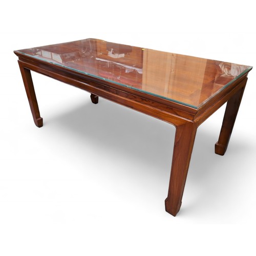 981 - Chinese hardwood dining table, with removable glass top. W90cm L180cm H81cm