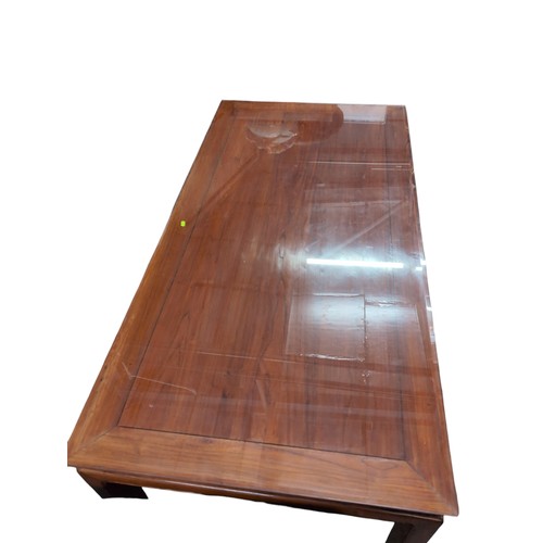 981 - Chinese hardwood dining table, with removable glass top. W90cm L180cm H81cm