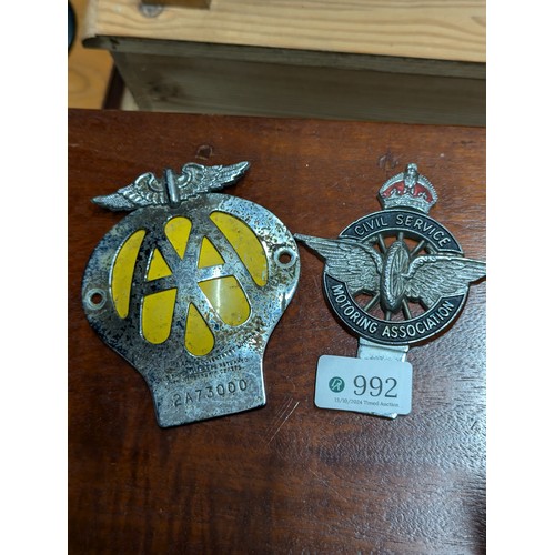 992 - Vintage AA badge and a Civil Service Motoring Association car badge