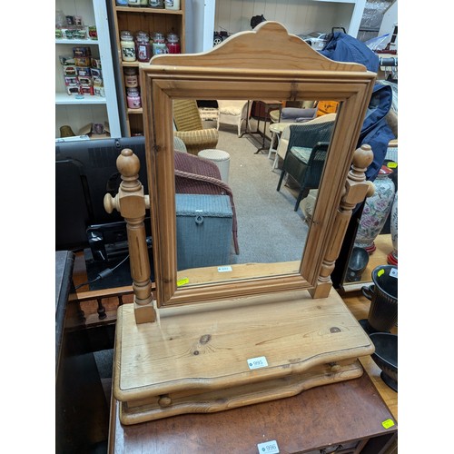 995 - Pine swing top dressing table mirror with lower drawer W56 x D24 x H68cm