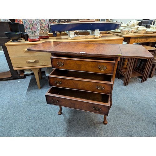 996 - Small Reprodux chest of three drawers with fold-out top on cabriole legs W60 (unextended) x D38 x H7... 