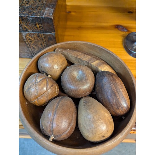 858A - Inlaid box with contents, wooden fruit in bowl and a puzzle