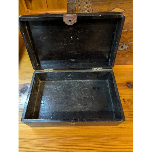 858A - Inlaid box with contents, wooden fruit in bowl and a puzzle