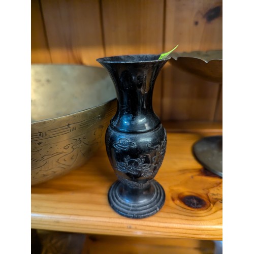 860 - Chinese brass bowl and tazza, together with a plastic Japanese vase