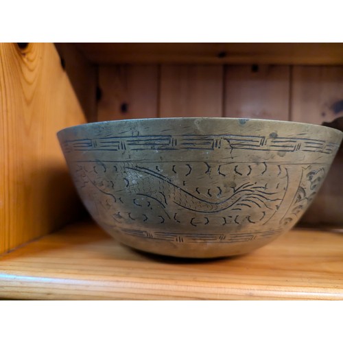 860 - Chinese brass bowl and tazza, together with a plastic Japanese vase