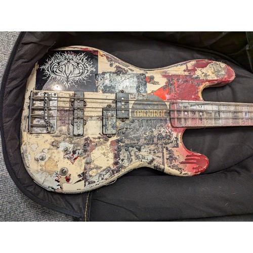 876 - Four string bass guitar in personalised condition, with soft case