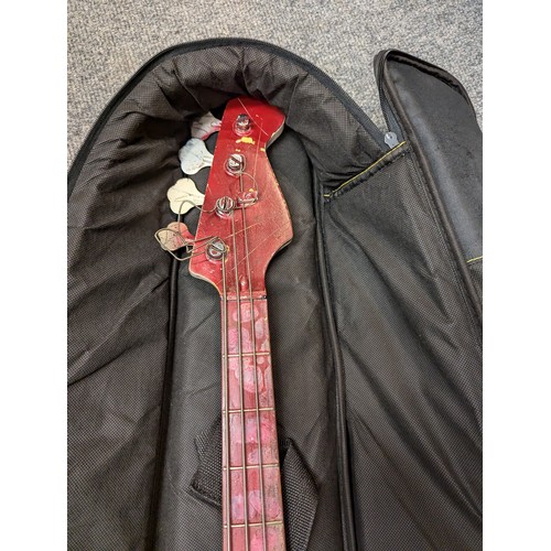 876 - Four string bass guitar in personalised condition, with soft case