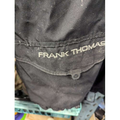 1029 - Frank Thomas large black synthetic motorcycle jacket with trousers