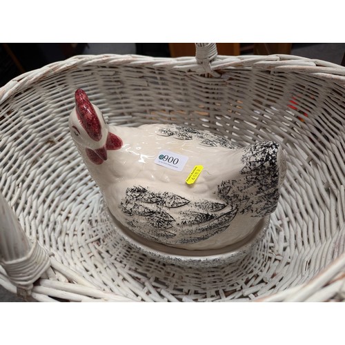 900 - Ceramic chicken crock and a white painted wicker handled basket