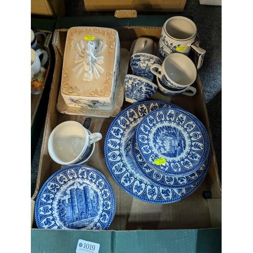 1019 - Box of mostly blue and white ceramics inc. Churchill and Delft together with cheese dish