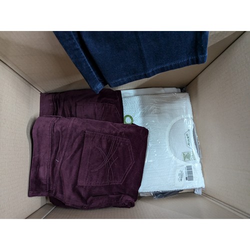 1020 - Box of new ladies clothes Inc stretch knit cords, summer tops etc. 