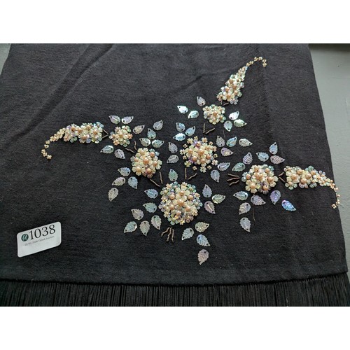 1038 - Black shawl with sequin and pearl beads