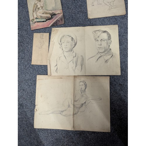 790 - Collection of unframed sketches, portraits, watercolours and anatomical drawings, circa 1940's