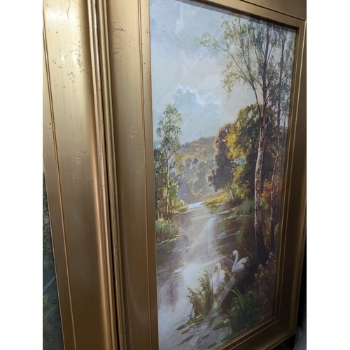 773 - Two vintage framed prints of swans in a landscape, 43.5 x 64cm