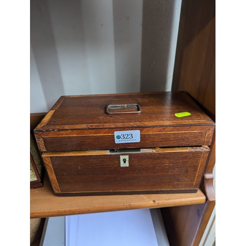 323 - Tea caddy with bowl but no linings. W27cm D14.5cm H14.5cm.