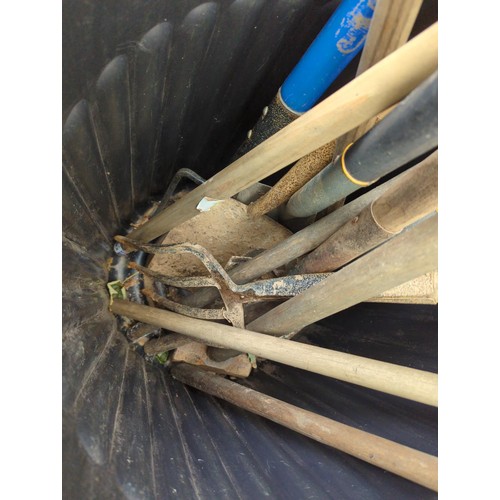 632 - Plastic bin with long handled tool contents & garden hose