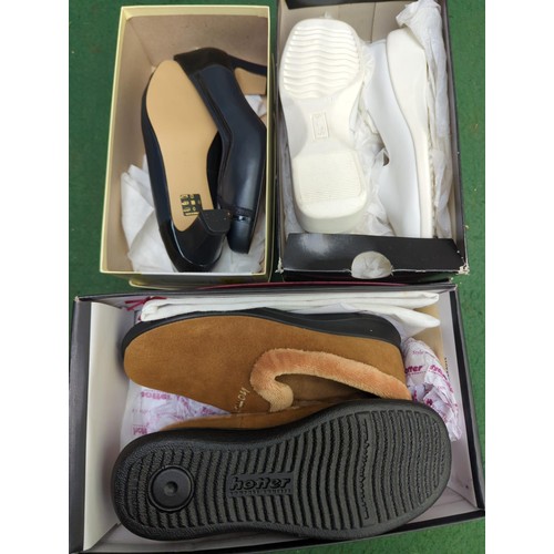 258 - 1 pair of S-Wave size 5; Pair of Equity court shoes size 5.5; 1 pair of Hotter slippers size 4.