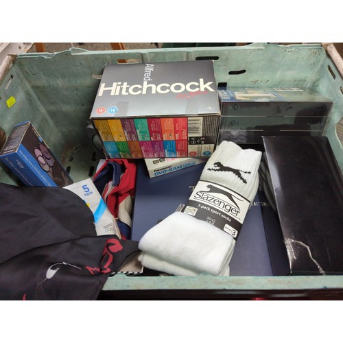 290 - Crate of mixed items inc. boxset of Hitchcock DVDs, camera lens filter kit, kimono-style dressing go... 