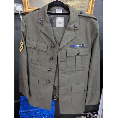 1036 - Two military dress uniforms, inc. green and blue with red stripe