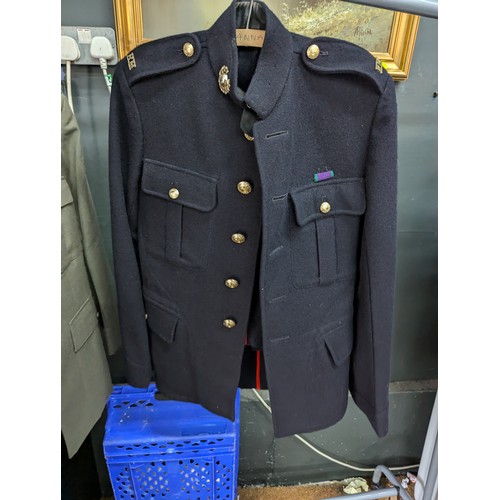 1036 - Two military dress uniforms, inc. green and blue with red stripe