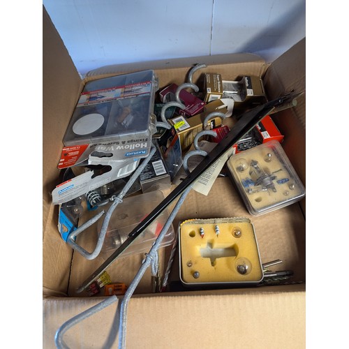 140 - Box of mixed fittings inc. car light bulbs, drill bits, hinges, screws etc.