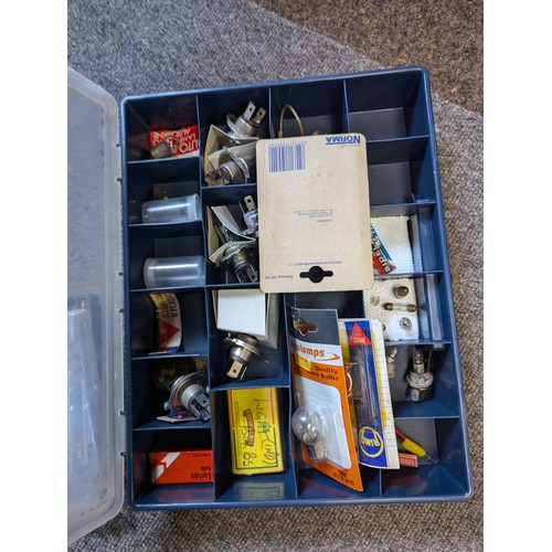 140 - Box of mixed fittings inc. car light bulbs, drill bits, hinges, screws etc.