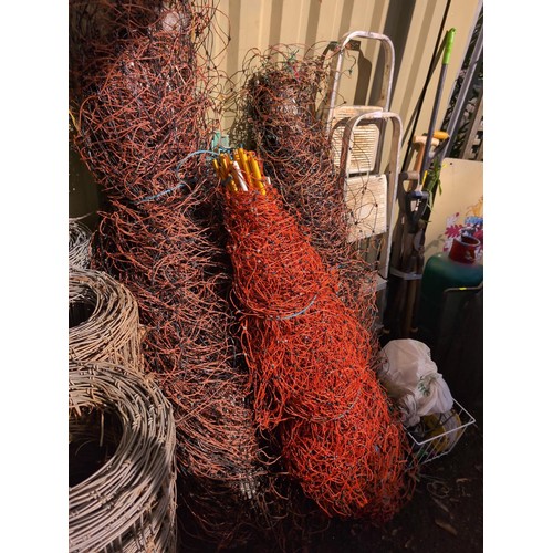 411 - 3 large rolls of agricultural net fencing with plastic stakes + 3 reels of wire etc. 