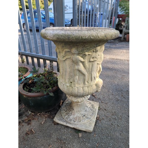 427 - 1 x tall concrete container with classical decoration. H96cm Diameter 64cm.