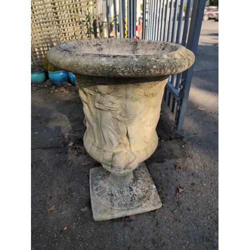 427 - 1 x tall concrete container with classical decoration. H96cm Diameter 64cm.