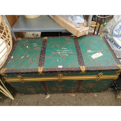 694 - Large green vintage travel trunk. W110cm