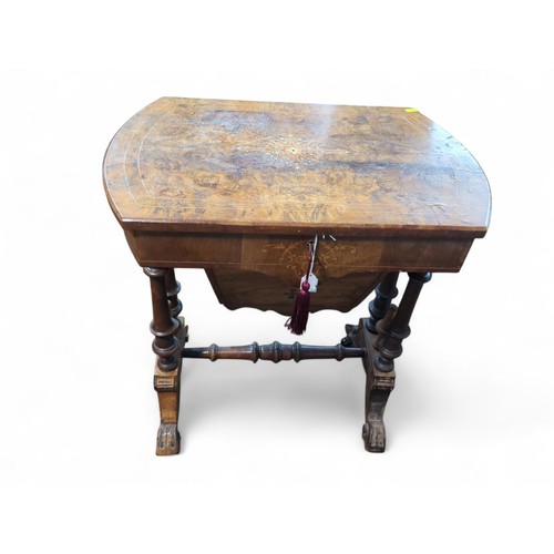 90 - Victorian inlaid walnut sewing table with fitted lattice-topped compartments. W59.5cm D40cm H68cm.