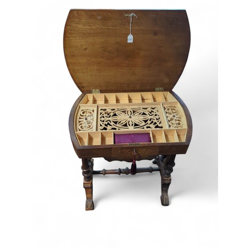 90 - Victorian inlaid walnut sewing table with fitted lattice-topped compartments. W59.5cm D40cm H68cm.