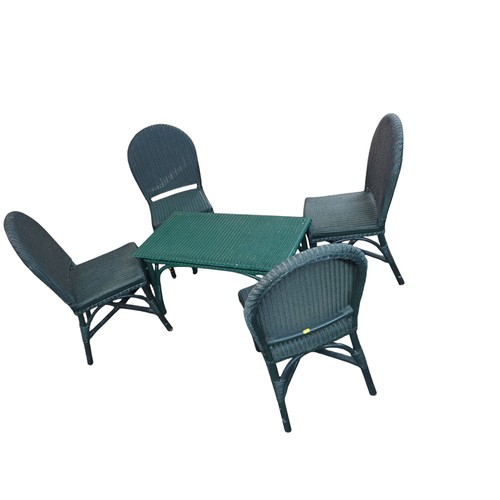 92 - Andy Thornton set of 4 cane chairs and coffee table in green. Table - W92cm D47cm H49cm.