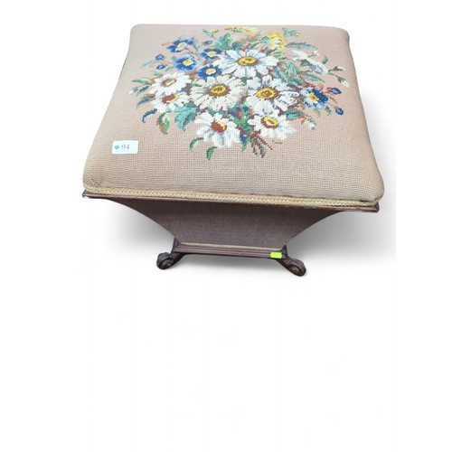 94 - Tapestry-seated knitting box with internal compartment and storage space. W46cm D44cm H43cm.