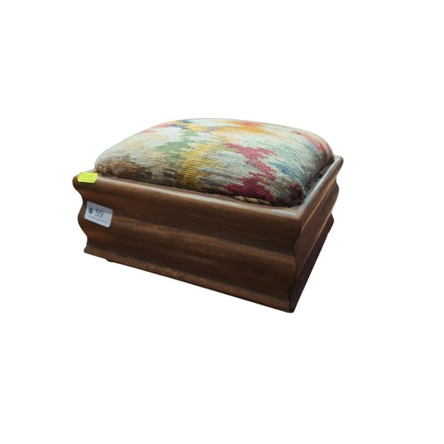 59 - Small tapestry topped footstool with small castors. W26cm D26cm H16cm