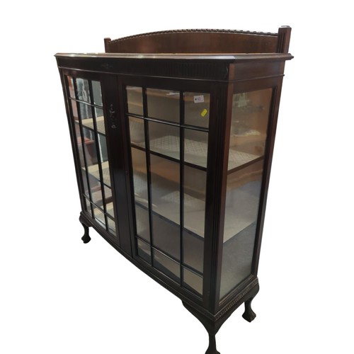 62 - 2 door Edwardian display cabinet, raised on small ball & claw supports. W122cm D35cm H132cm