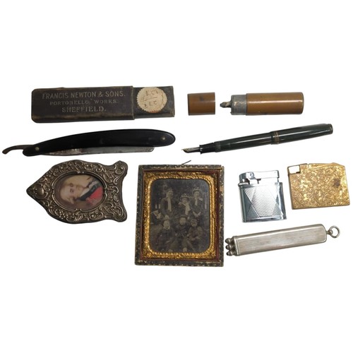 396 - Mixed collectables, including an Elgin American lighter, Parker fountain pen, small silver photo fra... 