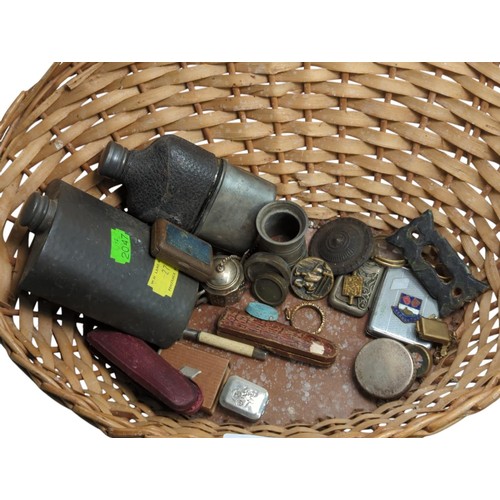 398 - Basket of assorted collectables, including two hip flask, brass bell, HM silver banded cheroot, slid... 