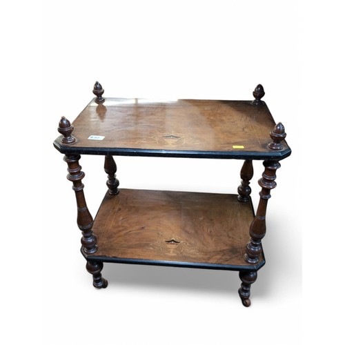 80 - Inlaid twin shelf unit on casters. W57cm D35.5cm H64cm.