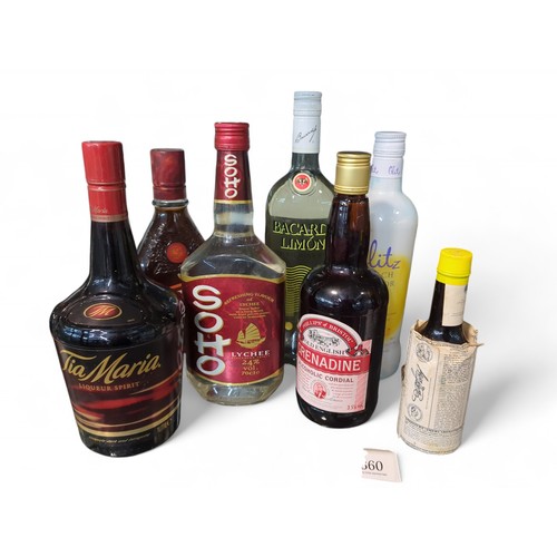 405 - Seven bottles, including Angostura Bitters, Glayva, Soho lychee liqueur, Grenadine, Bacardi limon, G... 