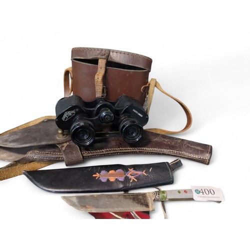 400 - Pair of Impetaror 8 x 26 binoculars with leather case, leather pistol holster and an Uzbek knife wit... 