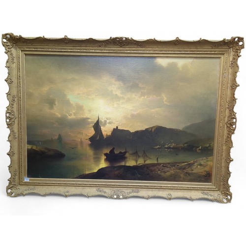 Sophus Jacobsen (Norwegian 1833-1912, Düsseldorf school), Moonlit Fishing Scene, oil on canvas in gilt frame, signed S. Jacobsen lower left 168 x 116cm