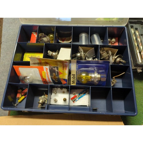 102 - Box of mixed fittings inc. car light bulbs, drill bits, hinges, screws etc.