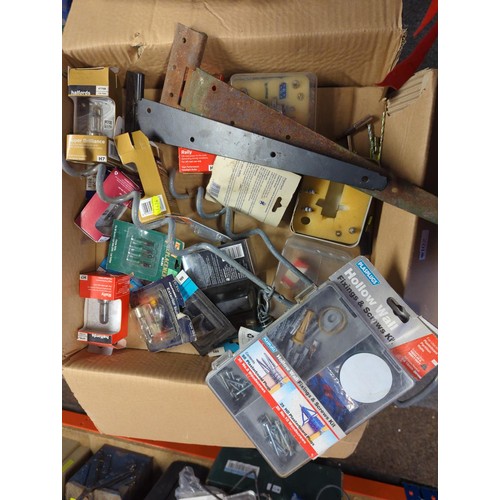 102 - Box of mixed fittings inc. car light bulbs, drill bits, hinges, screws etc.