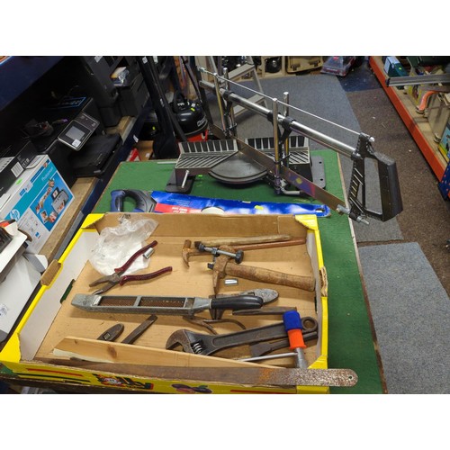 106 - box of tools inc GS mitre saw, saw, pliers, hammers etc. 