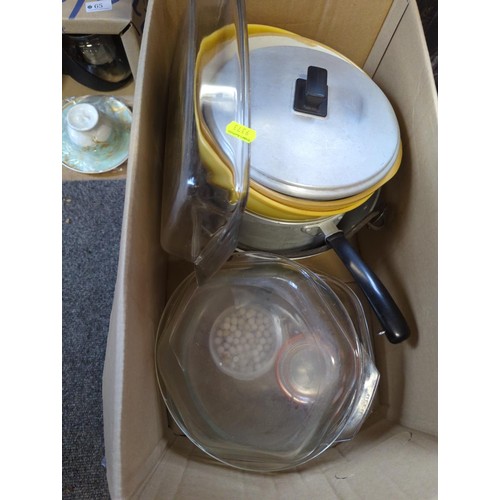 64 - Box of cooking pans, bowls etc.